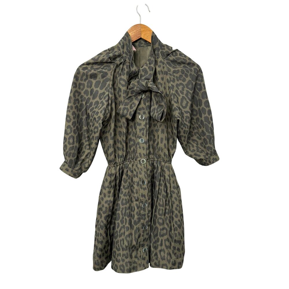 Buru Shirt Dress XS Green Leopard Print Puff Sleeves Lined